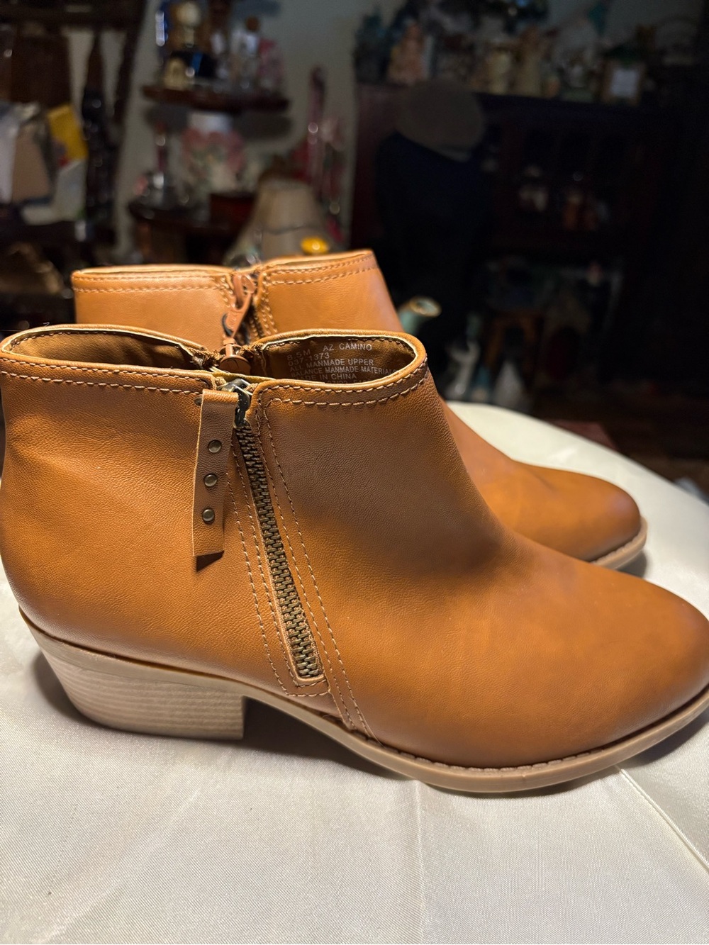 Rampage Tan Leather-Look Ankle Booties with Side Zip
